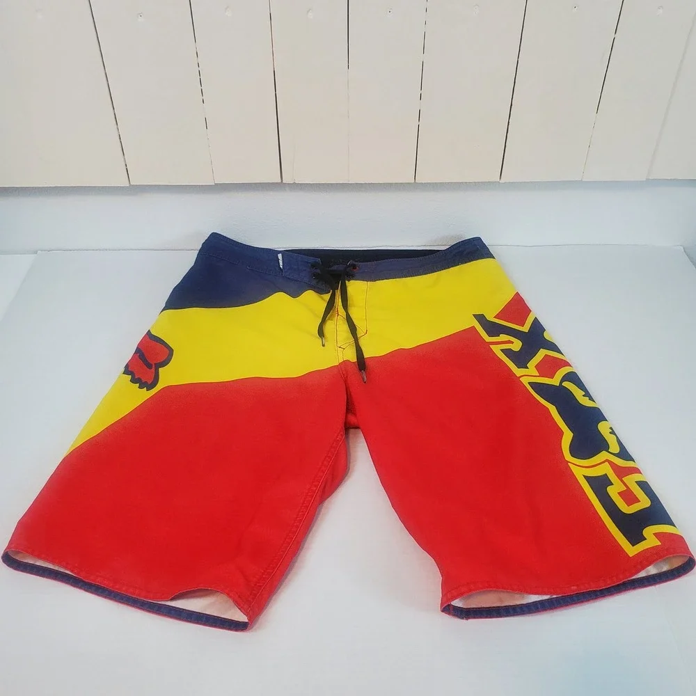 Fox Racing Mens Board Shorts Red Yellow Blue Colorblock Graphic Swim Trunks 31